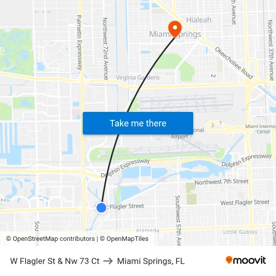 W Flagler St & Nw 73 Ct to Miami Springs, FL map