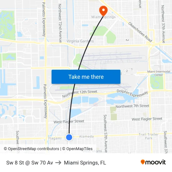 Sw 8 St @ Sw 70 Av to Miami Springs, FL map