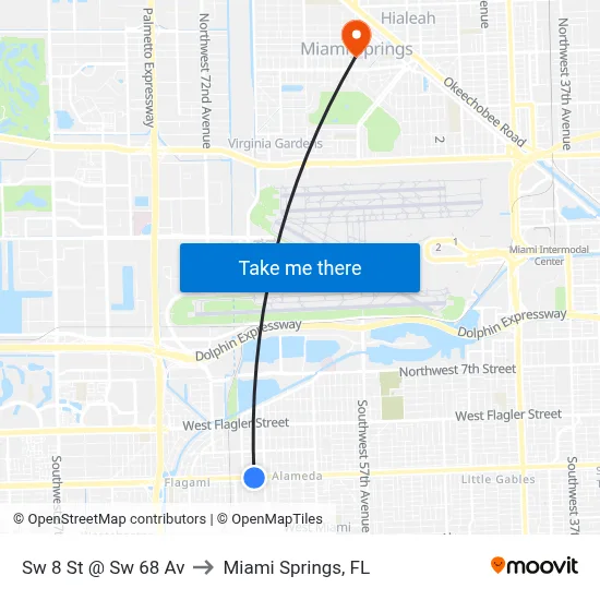 Sw 8 St @ Sw 68 Av to Miami Springs, FL map