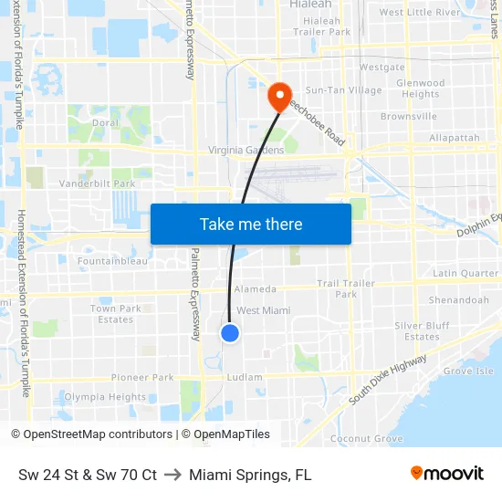 Sw 24 St & Sw 70 Ct to Miami Springs, FL map