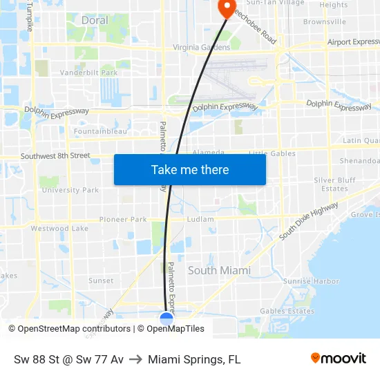 Sw 88 St @ Sw 77 Av to Miami Springs, FL map