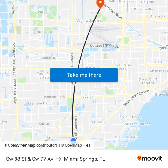 Sw 88 St & Sw 77 Av to Miami Springs, FL map
