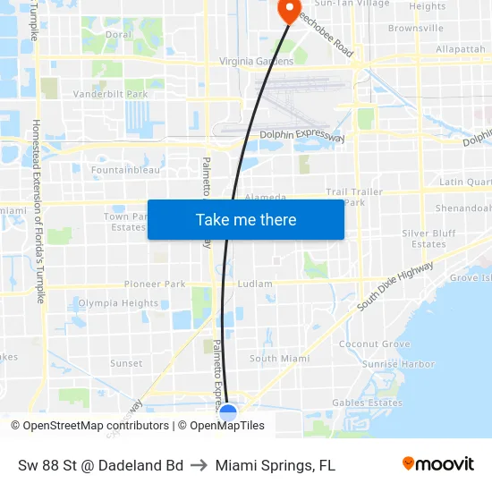 Sw 88 St @ Dadeland Bd to Miami Springs, FL map