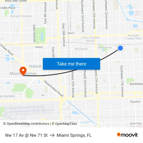 Nw 17 Av @ Nw 71 St to Miami Springs, FL map