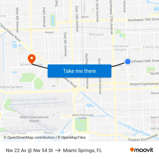 Nw 22 Av @ Nw 54 St to Miami Springs, FL map