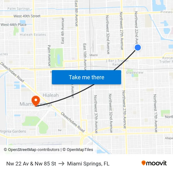 Nw 22 Av & Nw 85 St to Miami Springs, FL map
