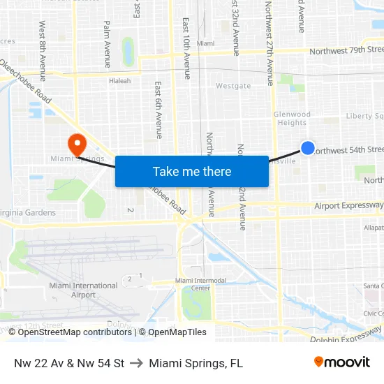 Nw 22 Av & Nw 54 St to Miami Springs, FL map