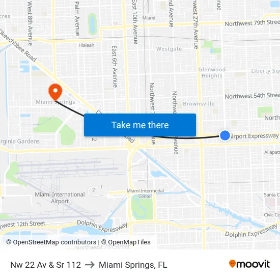 Nw 22 Av & Sr 112 to Miami Springs, FL map