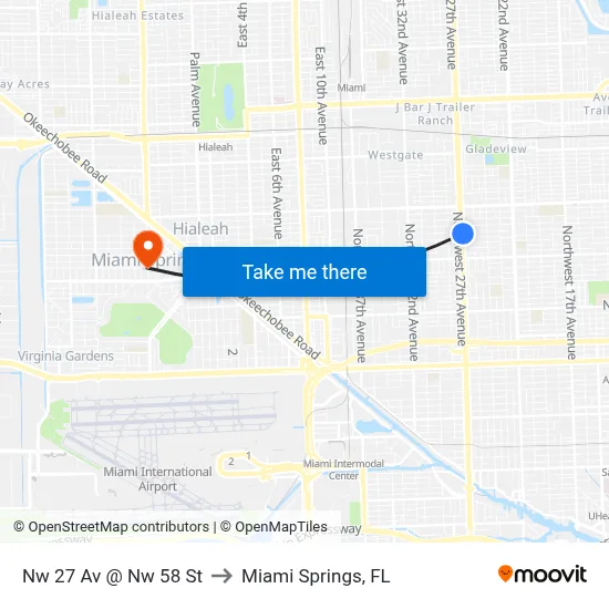 Nw 27 Av @ Nw 58 St to Miami Springs, FL map
