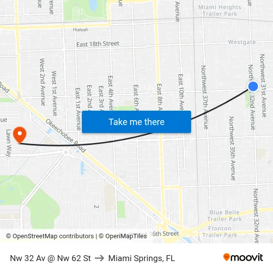 Nw 32 Av @ Nw 62 St to Miami Springs, FL map