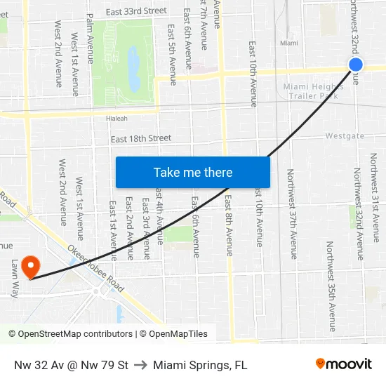 Nw 32 Av @ Nw 79 St to Miami Springs, FL map