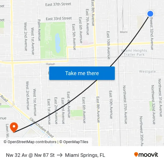 Nw 32 Av @ Nw 87 St to Miami Springs, FL map