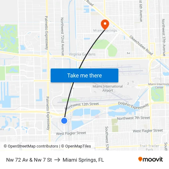 Nw 72 Av & Nw 7 St to Miami Springs, FL map