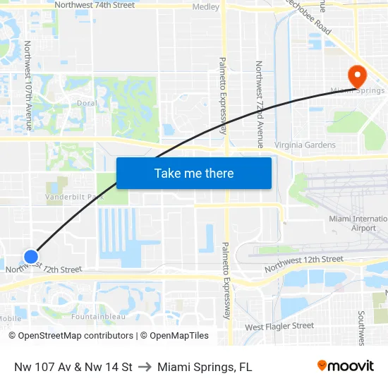 Nw 107 Av & Nw 14 St to Miami Springs, FL map