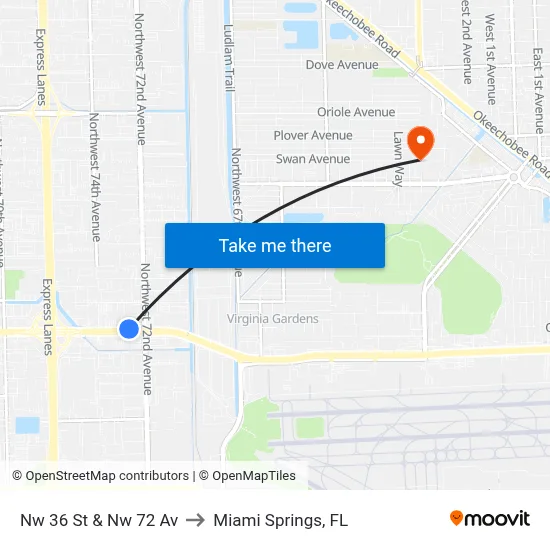 Nw 36 St & Nw 72 Av to Miami Springs, FL map