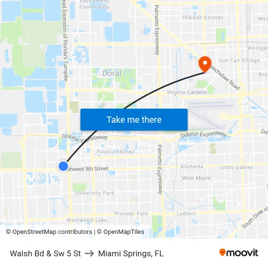 Walsh Bd & Sw 5 St to Miami Springs, FL map