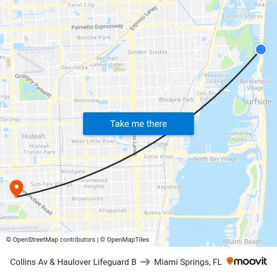 Collins Av & Haulover Lifeguard B to Miami Springs, FL map