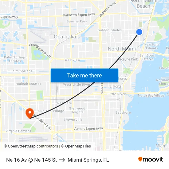 Ne 16 Av @ Ne 145 St to Miami Springs, FL map
