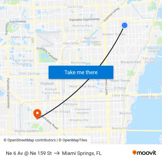 Ne 6 Av @ Ne 159 St to Miami Springs, FL map