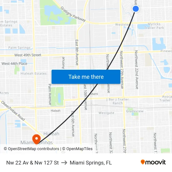 Nw 22 Av & Nw 127 St to Miami Springs, FL map