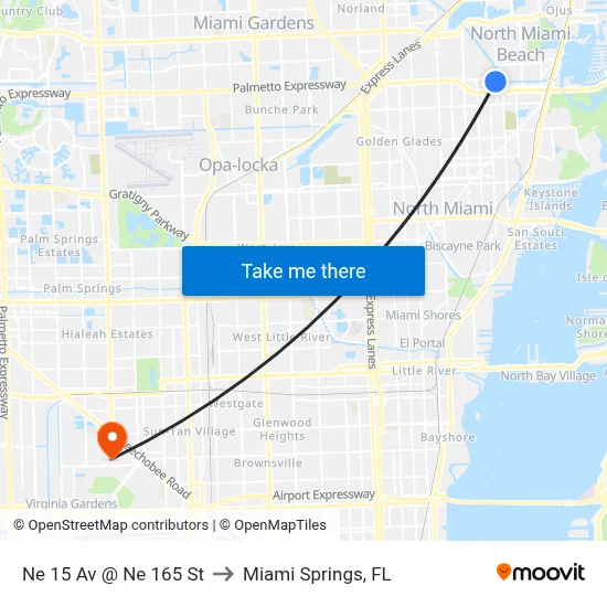 Ne 15 Av @ Ne 165 St to Miami Springs, FL map