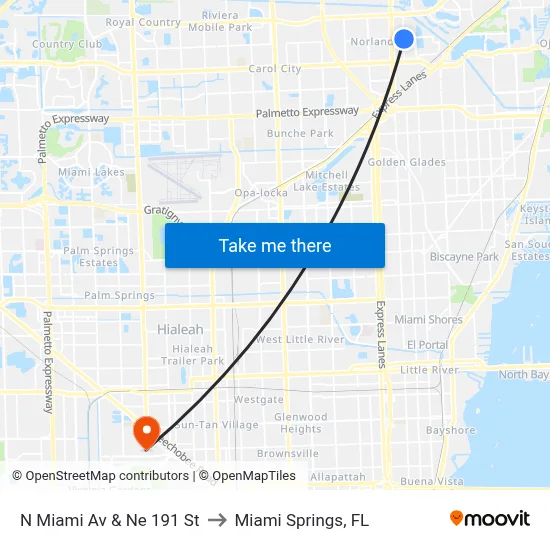 N Miami Av & Ne 191 St to Miami Springs, FL map