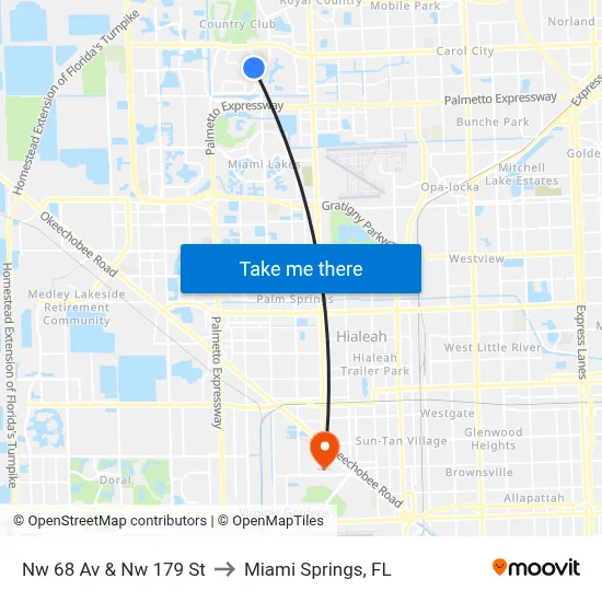 Nw 68 Av & Nw 179 St to Miami Springs, FL map