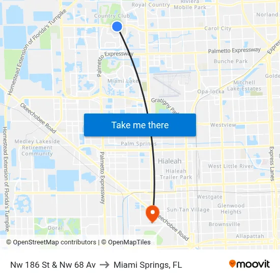 Nw 186 St & Nw 68 Av to Miami Springs, FL map