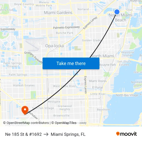 Ne 185 St & #1692 to Miami Springs, FL map