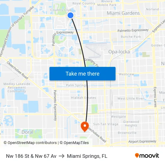 Nw 186 St & Nw 67 Av to Miami Springs, FL map