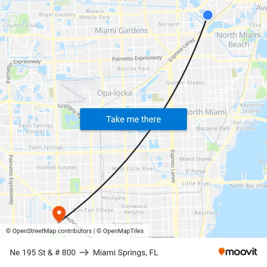Ne 195 St & # 800 to Miami Springs, FL map