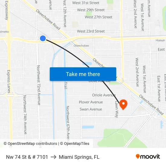 Nw 74 St & # 7101 to Miami Springs, FL map
