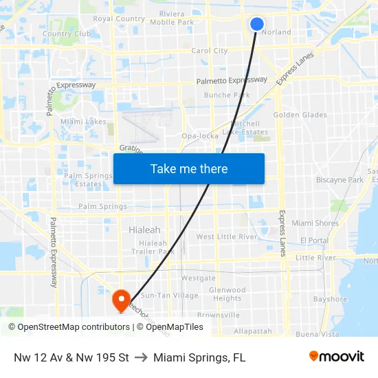 Nw 12 Av & Nw 195 St to Miami Springs, FL map