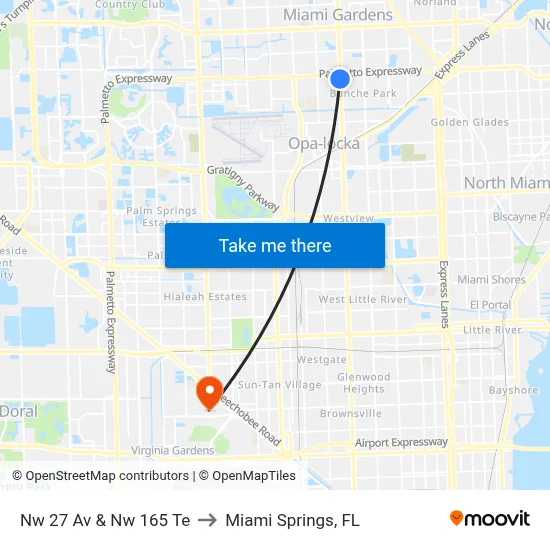 Nw 27 Av & Nw 165 Te to Miami Springs, FL map