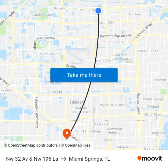 Nw 32 Av & Nw 196 La to Miami Springs, FL map