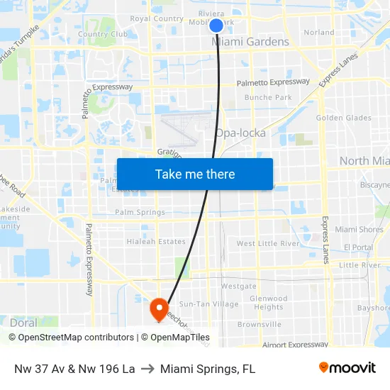 Nw 37 Av & Nw 196 La to Miami Springs, FL map