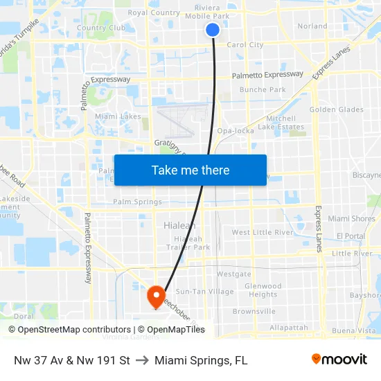 Nw 37 Av & Nw 191 St to Miami Springs, FL map