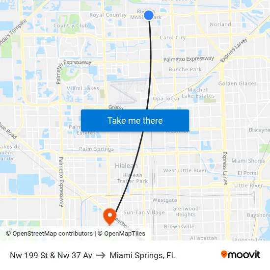 Nw 199 St & Nw 37 Av to Miami Springs, FL map