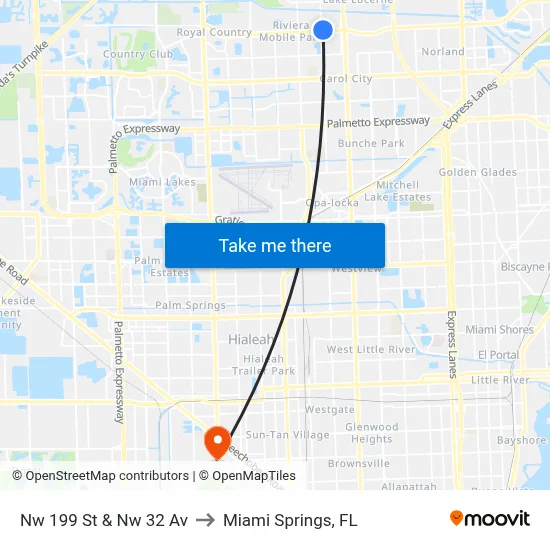 Nw 199 St & Nw 32 Av to Miami Springs, FL map