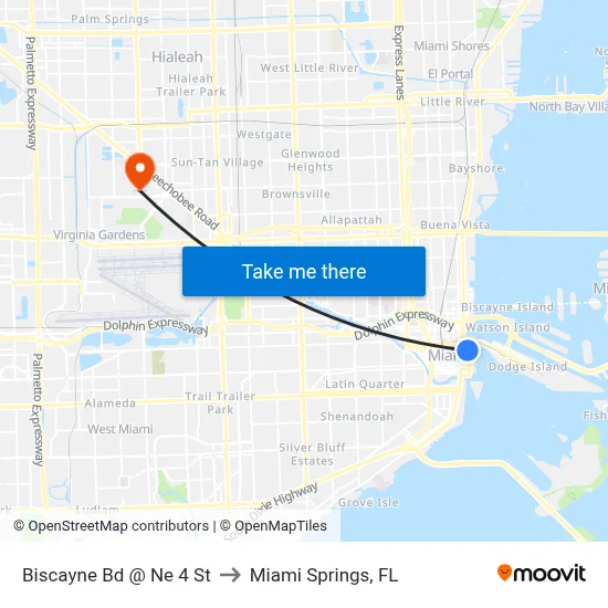 Biscayne Bd @ Ne 4 St to Miami Springs, FL map