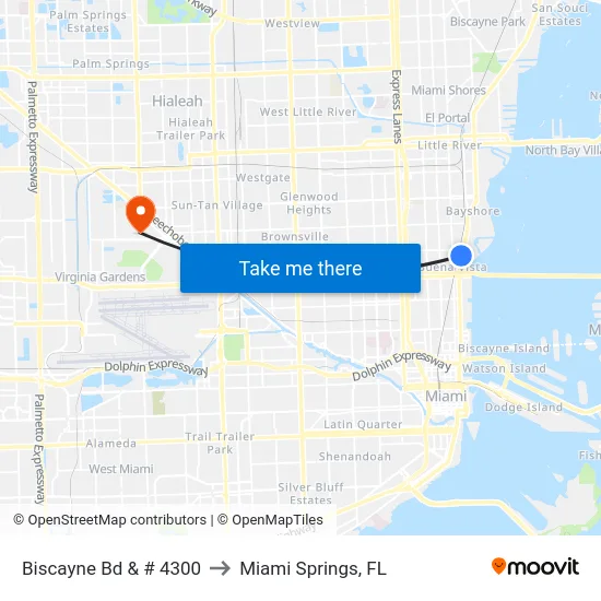 Biscayne Bd & # 4300 to Miami Springs, FL map