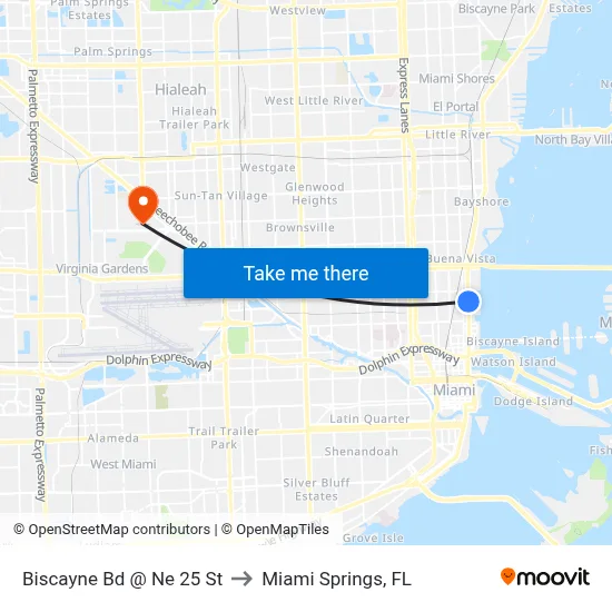 Biscayne Bd @ Ne 25 St to Miami Springs, FL map