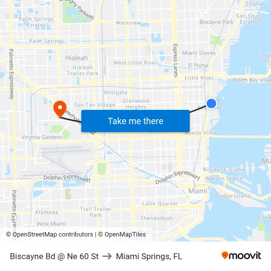 Biscayne Bd @ Ne 60 St to Miami Springs, FL map