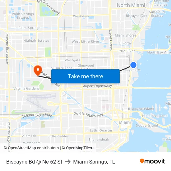 Biscayne Bd @ Ne 62 St to Miami Springs, FL map