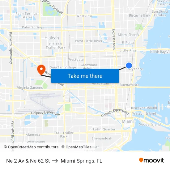 Ne 2 Av & Ne 62 St to Miami Springs, FL map