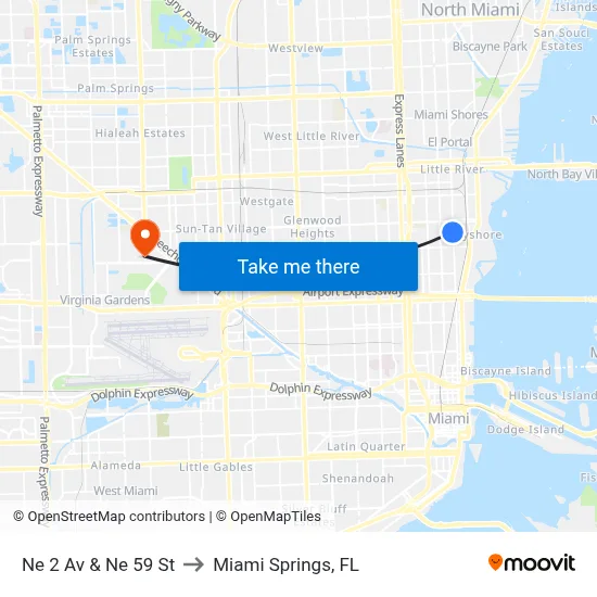 Ne 2 Av & Ne 59 St to Miami Springs, FL map