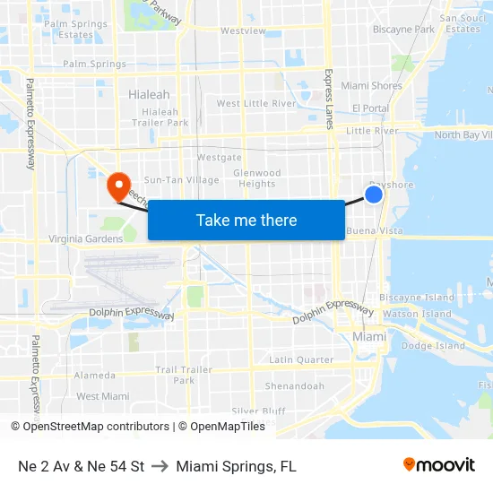 Ne 2 Av & Ne 54 St to Miami Springs, FL map