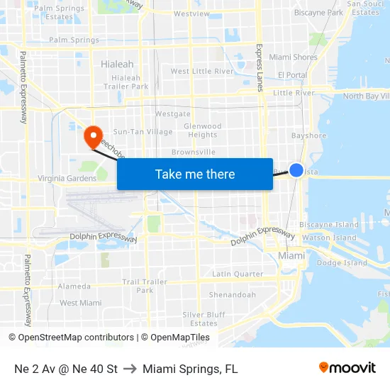 Ne 2 Av @ Ne 40 St to Miami Springs, FL map