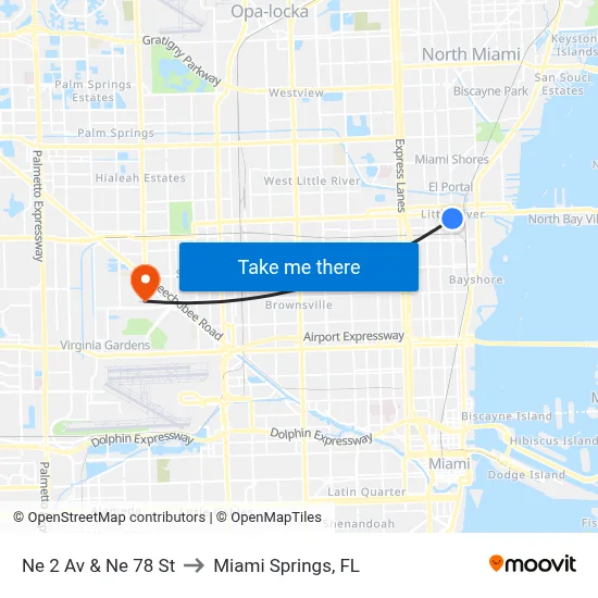Ne 2 Av & Ne 78 St to Miami Springs, FL map