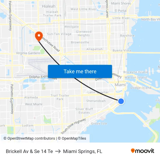 Brickell Av & Se 14 Te to Miami Springs, FL map